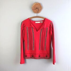 Vtg Anthropologie Sleeping On Snow Red Cross Stitched V Neck Wool Sweater Sz S